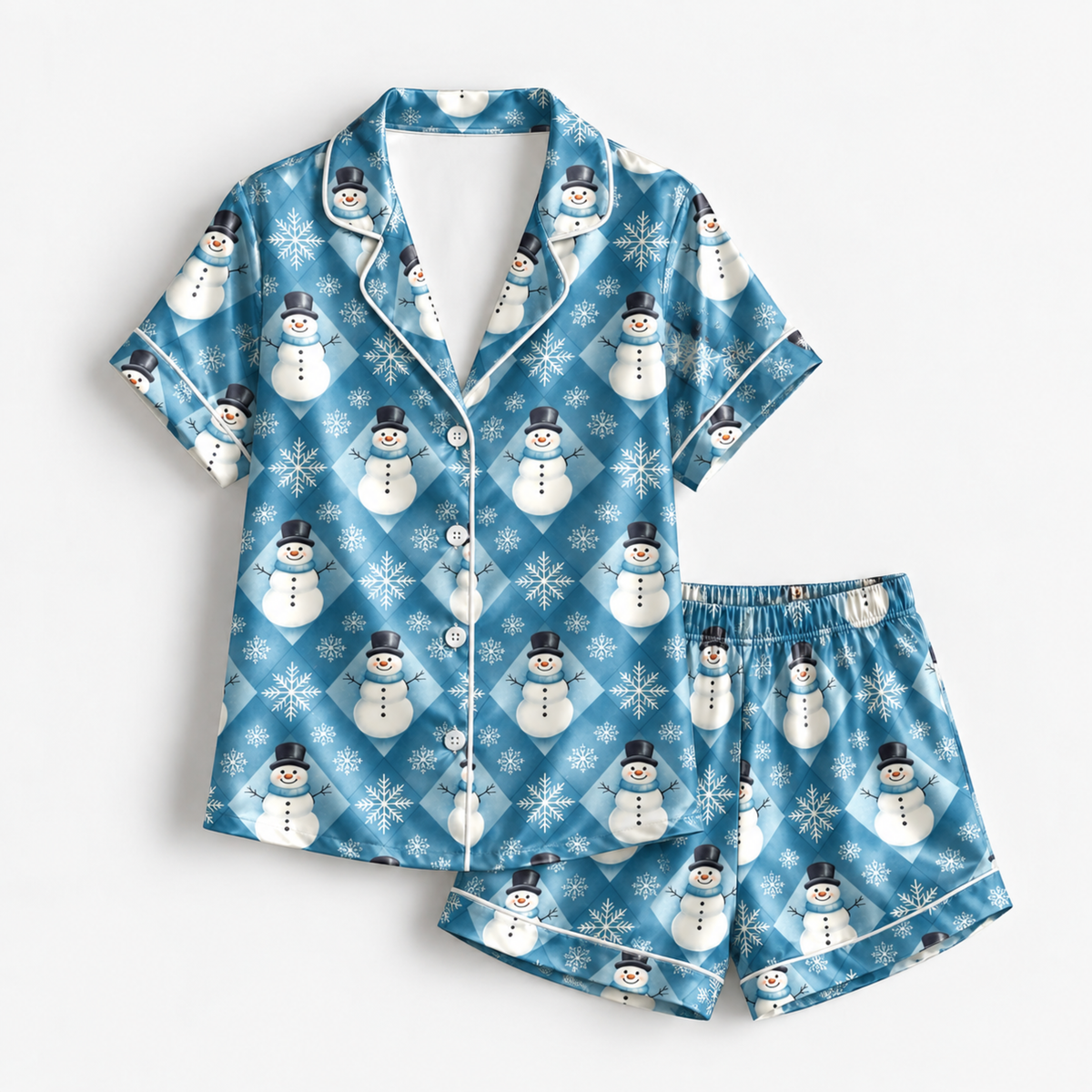 PJ-M2142-Snowman Christmas Satin Pajama Set with Snowflakes and Festive Blue Winter Holiday Pattern
