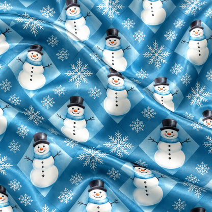 PJ-M2142-Snowman Christmas Satin Pajama Set with Snowflakes and Festive Blue Winter Holiday Pattern