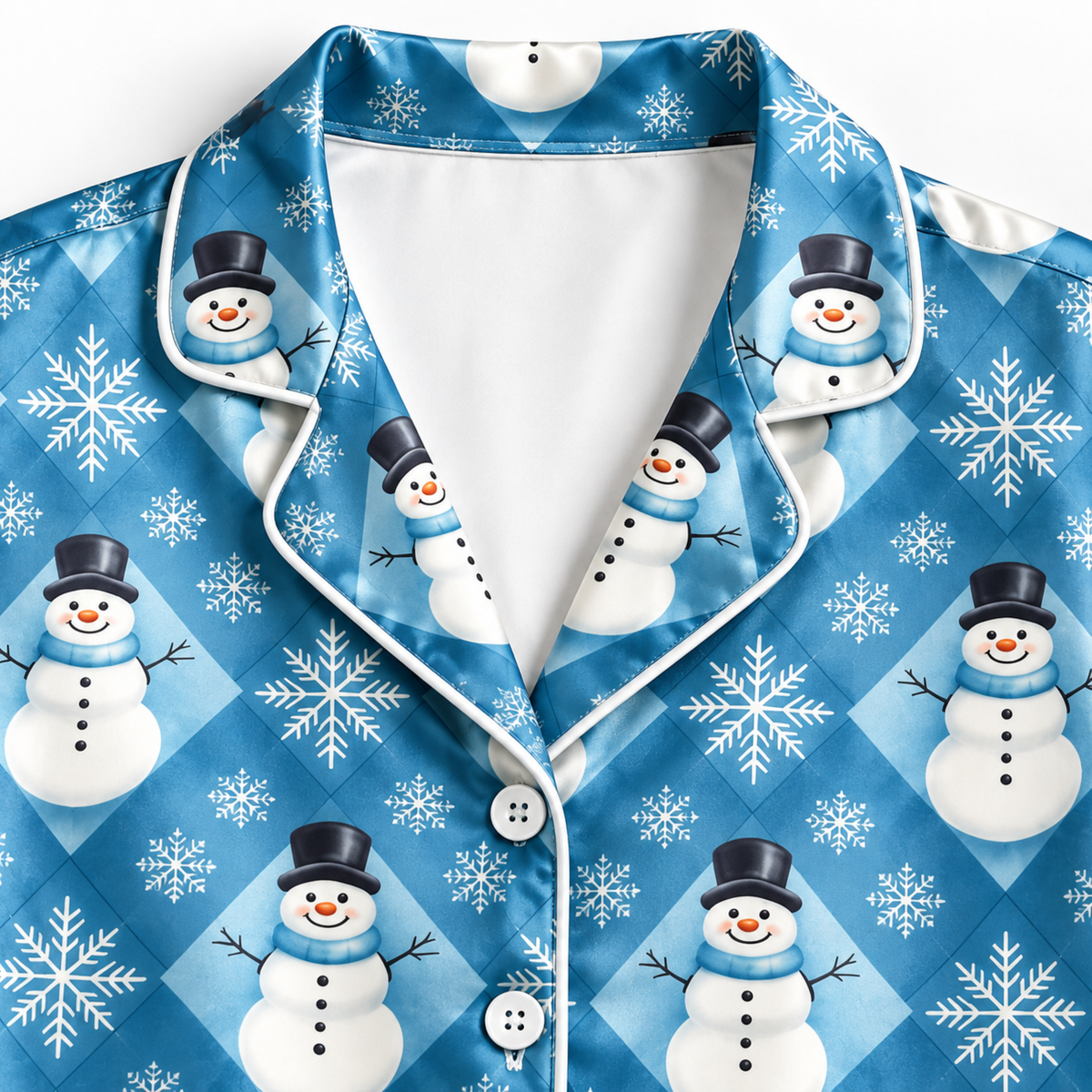 PJ-M2142-Snowman Christmas Satin Pajama Set with Snowflakes and Festive Blue Winter Holiday Pattern