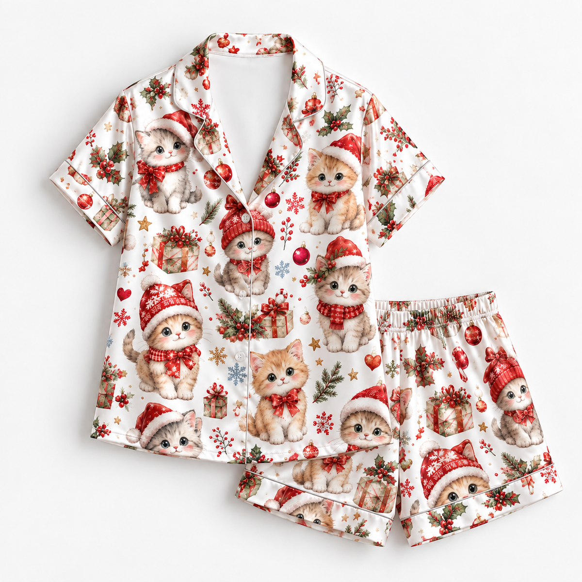 PJ-M2148-Christmas Kitten Satin Pajama Set, Santa Hat Cat Gift Snowflake Festive Holiday Sleepwear