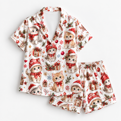 PJ-M2148-Christmas Kitten Satin Pajama Set, Santa Hat Cat Gift Snowflake Festive Holiday Sleepwear