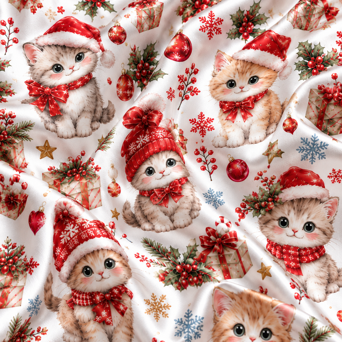 PJ-M2148-Christmas Kitten Satin Pajama Set, Santa Hat Cat Gift Snowflake Festive Holiday Sleepwear