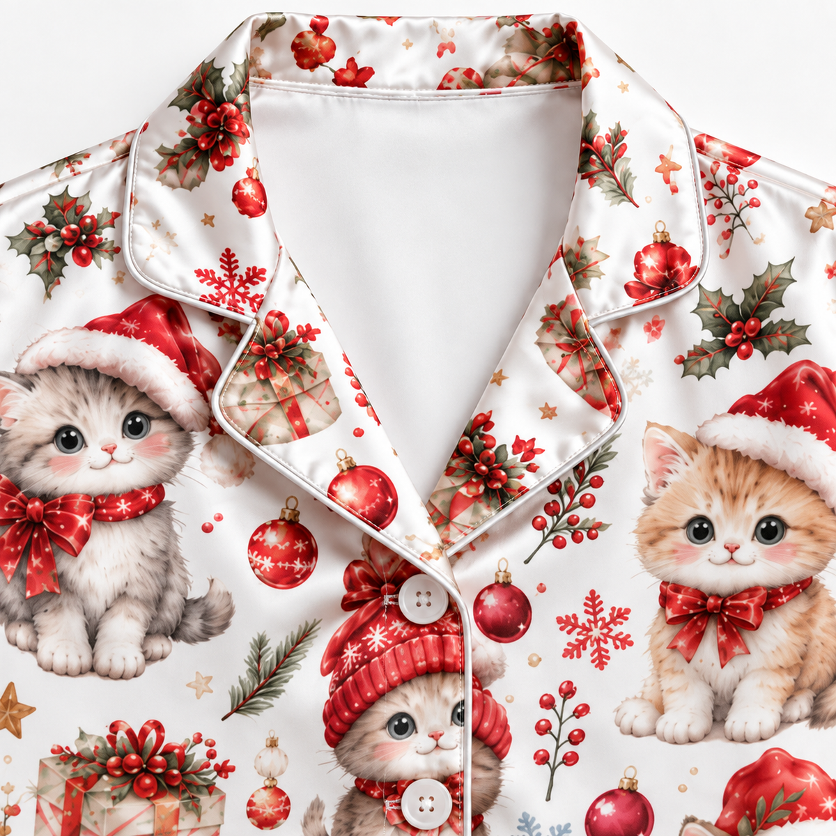 PJ-M2148-Christmas Kitten Satin Pajama Set, Santa Hat Cat Gift Snowflake Festive Holiday Sleepwear