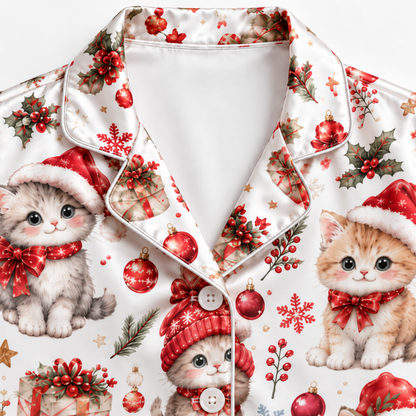 PJ-M2148-Christmas Kitten Satin Pajama Set, Santa Hat Cat Gift Snowflake Festive Holiday Sleepwear
