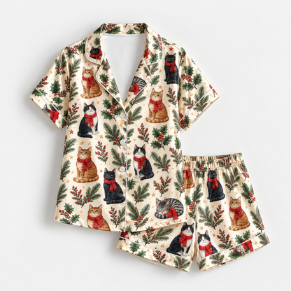 PJ-M2152-Christmas Cat Satin Pajama Set, Winter Kitty Holly Pine Branch Festive Holiday Sleepwear