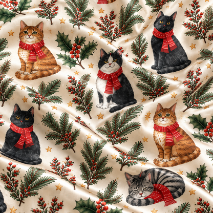 PJ-M2152-Christmas Cat Satin Pajama Set, Winter Kitty Holly Pine Branch Festive Holiday Sleepwear