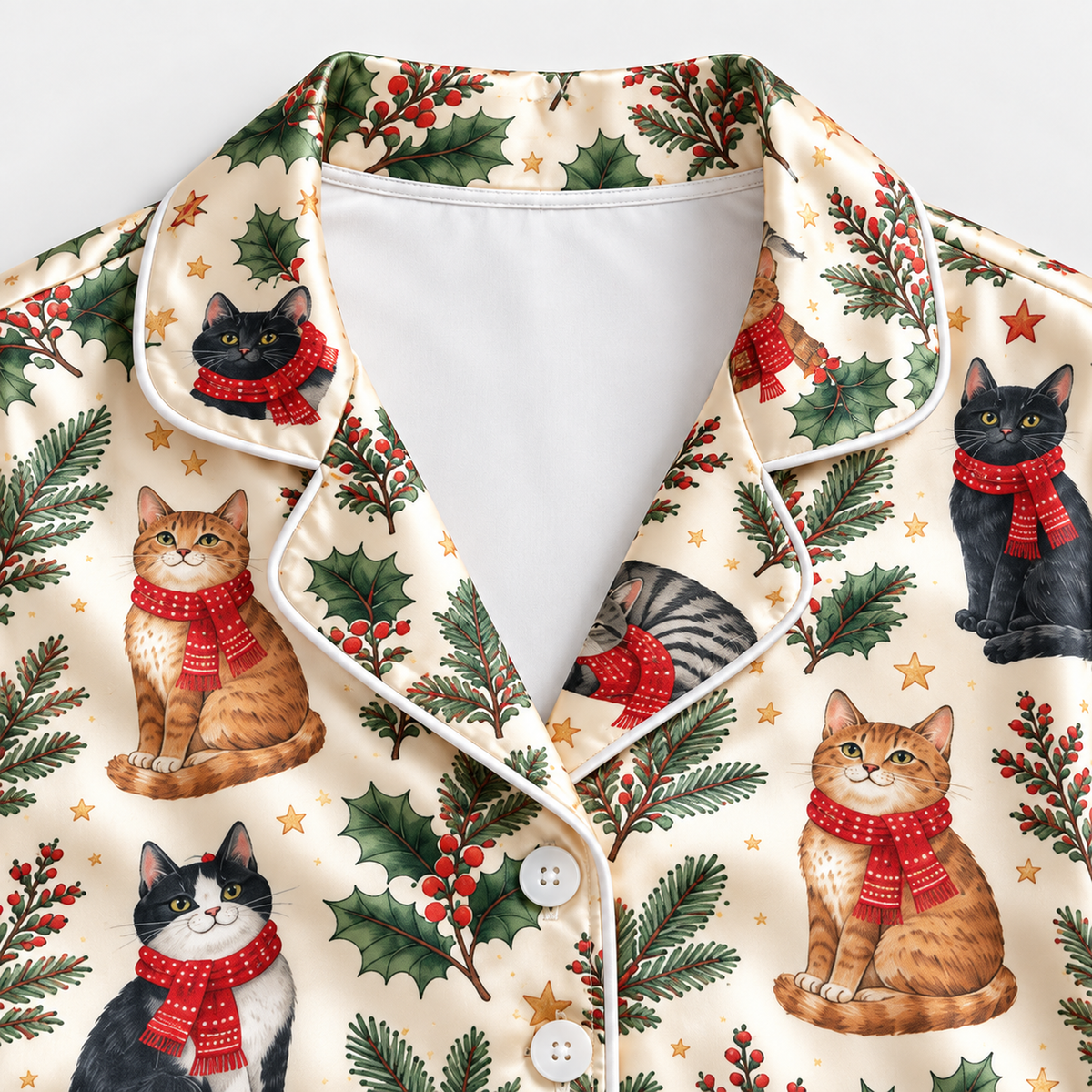 PJ-M2152-Christmas Cat Satin Pajama Set, Winter Kitty Holly Pine Branch Festive Holiday Sleepwear