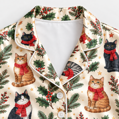 PJ-M2152-Christmas Cat Satin Pajama Set, Winter Kitty Holly Pine Branch Festive Holiday Sleepwear