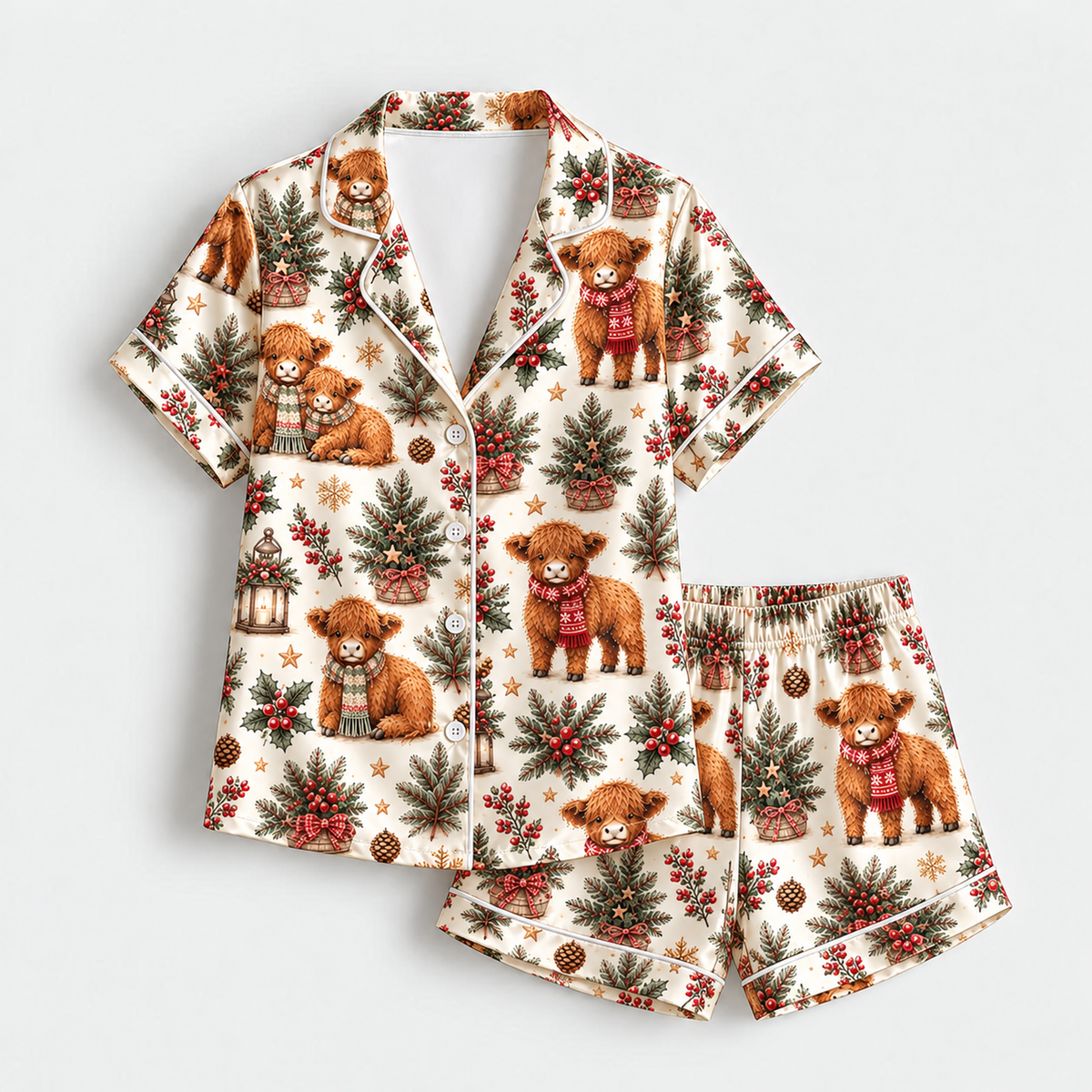 PJ-M2153-Christmas Teddy Bear Satin Pajama Set, Pine Tree Holly Pinecone Festive Holiday Sleepwear
