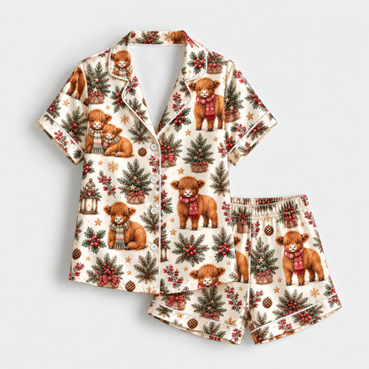 PJ-M2153-Christmas Teddy Bear Satin Pajama Set, Pine Tree Holly Pinecone Festive Holiday Sleepwear