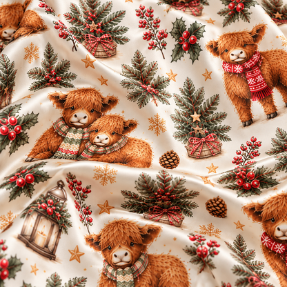 PJ-M2153-Christmas Teddy Bear Satin Pajama Set, Pine Tree Holly Pinecone Festive Holiday Sleepwear