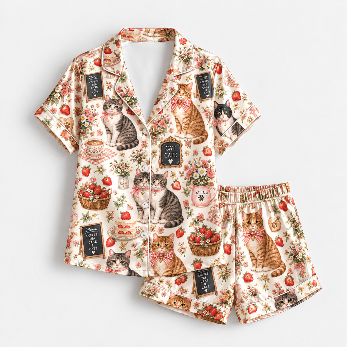 PJ-M2154-Cat Cafe Garden Satin Pajama Set, Strawberry Kitty Floral Tea Cozy Cottagecore Sleepwear
