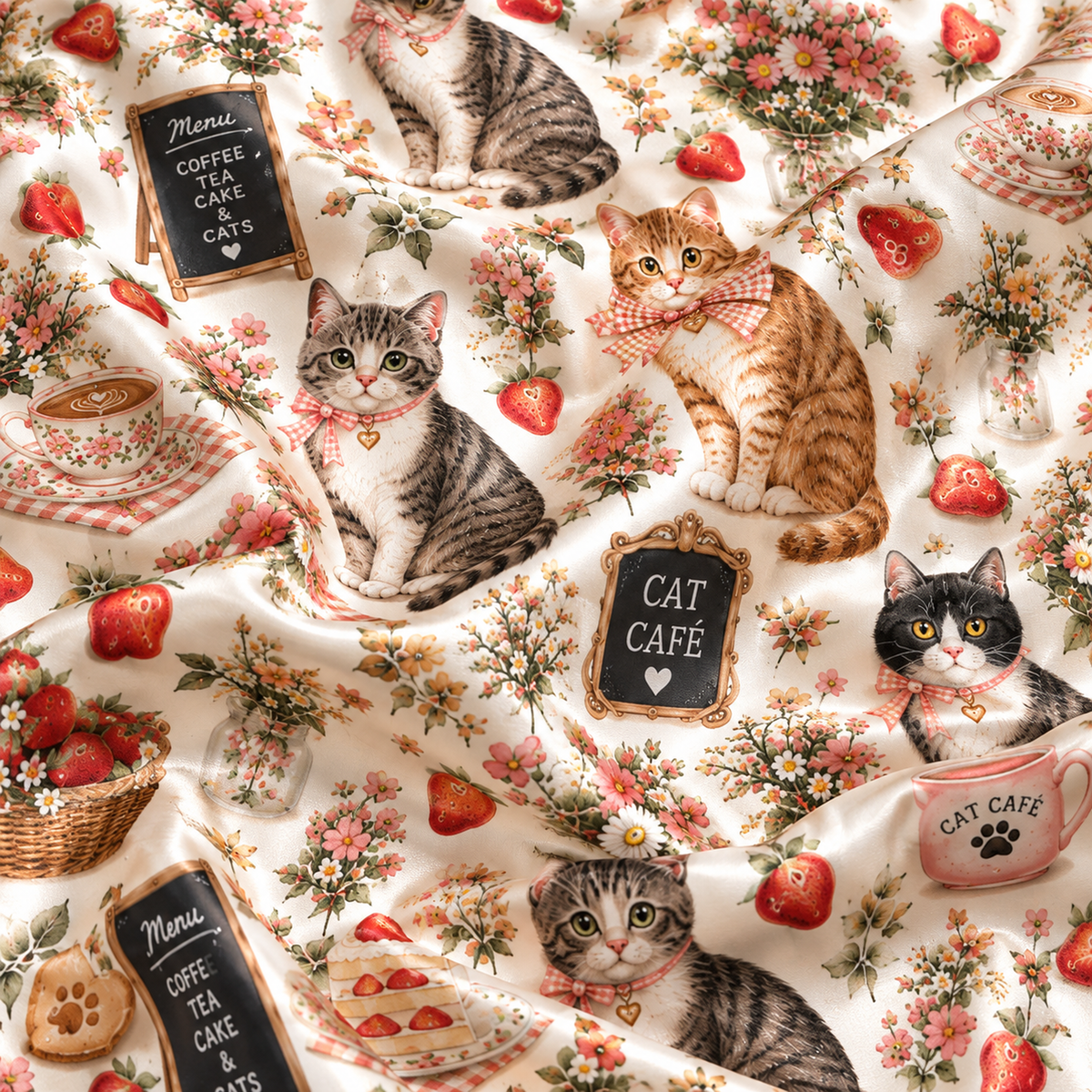 PJ-M2154-Cat Cafe Garden Satin Pajama Set, Strawberry Kitty Floral Tea Cozy Cottagecore Sleepwear