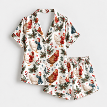 PJ-M2156-Christmas Chicken Satin Pajama Set, Winter Hen Pine Branch Snowflake Festive Holiday Sleepwear