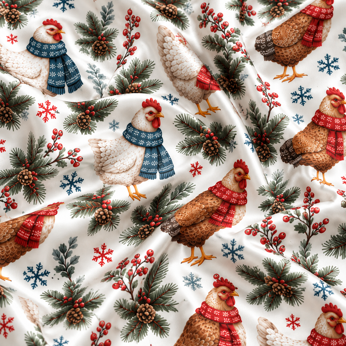 PJ-M2156-Christmas Chicken Satin Pajama Set, Winter Hen Pine Branch Snowflake Festive Holiday Sleepwear