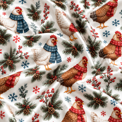 PJ-M2156-Christmas Chicken Satin Pajama Set, Winter Hen Pine Branch Snowflake Festive Holiday Sleepwear