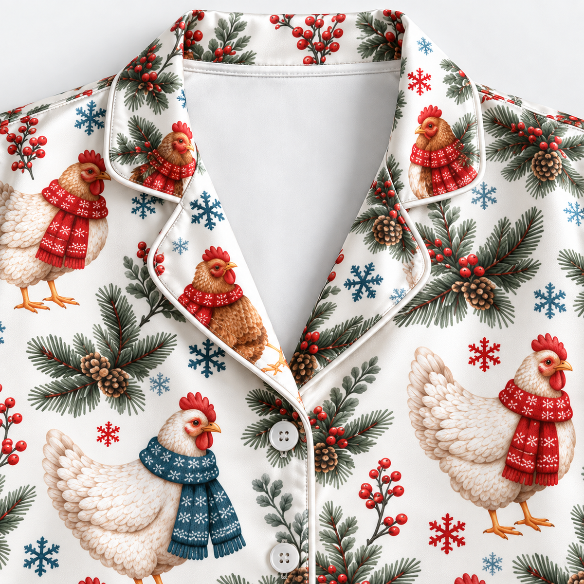 PJ-M2156-Christmas Chicken Satin Pajama Set, Winter Hen Pine Branch Snowflake Festive Holiday Sleepwear