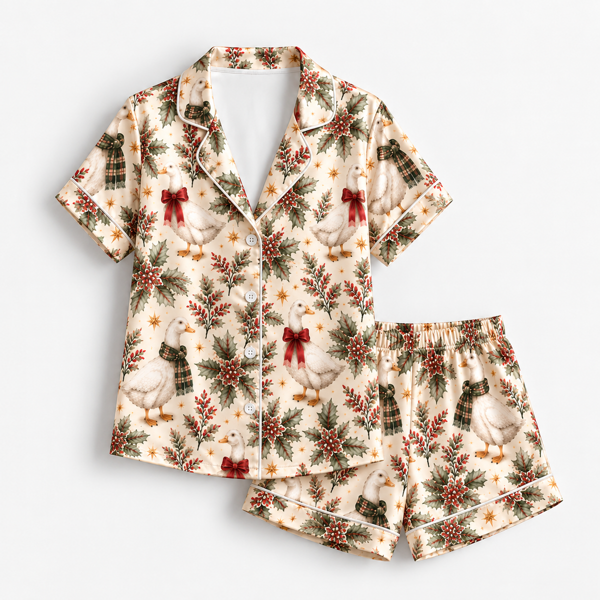 PJ-M2161-Christmas Goose Satin Pajama Set, Tartan Bow Holly Pine Branch Festive Holiday Sleepwear