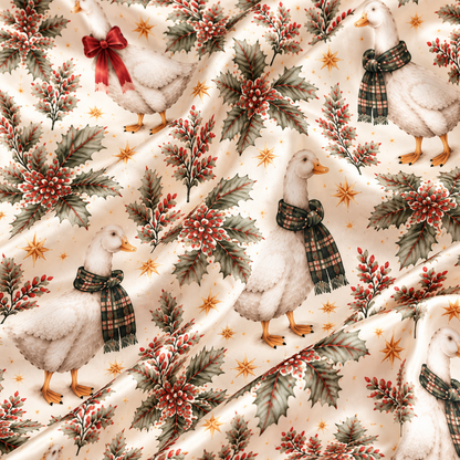 PJ-M2161-Christmas Goose Satin Pajama Set, Tartan Bow Holly Pine Branch Festive Holiday Sleepwear