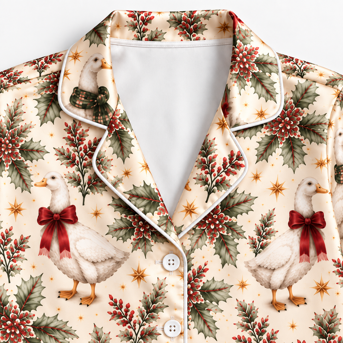PJ-M2161-Christmas Goose Satin Pajama Set, Tartan Bow Holly Pine Branch Festive Holiday Sleepwear