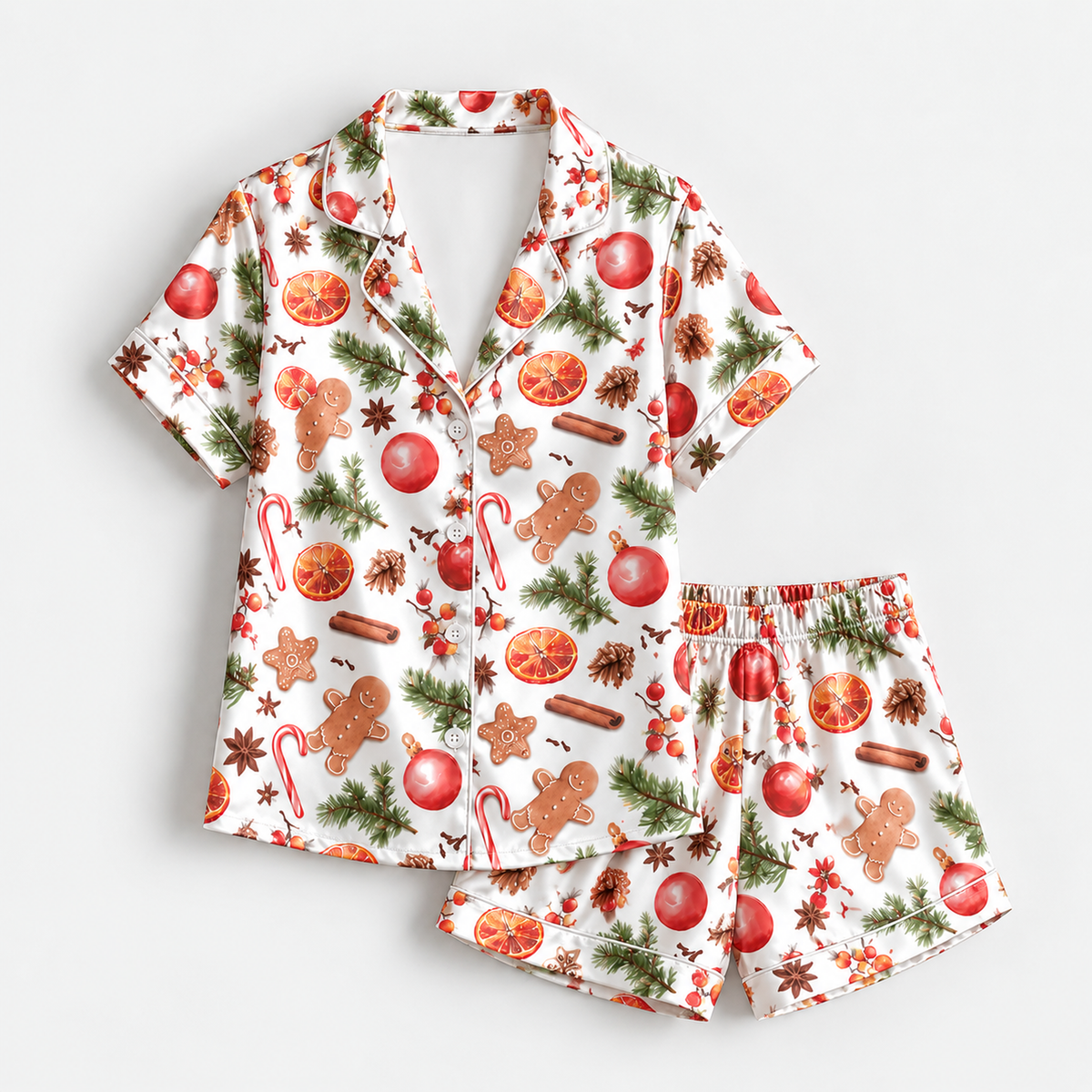 PJ-M2168-Gingerbread Christmas Satin Pajama Set, Orange Slice Candy Cane Pinecone Festive Holiday Sleepwear