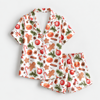 PJ-M2168-Gingerbread Christmas Satin Pajama Set, Orange Slice Candy Cane Pinecone Festive Holiday Sleepwear