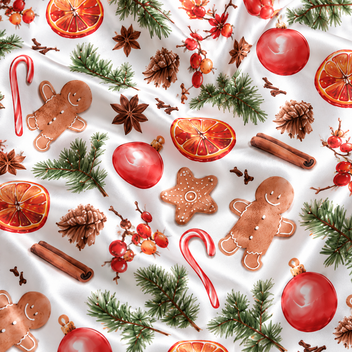 PJ-M2168-Gingerbread Christmas Satin Pajama Set, Orange Slice Candy Cane Pinecone Festive Holiday Sleepwear