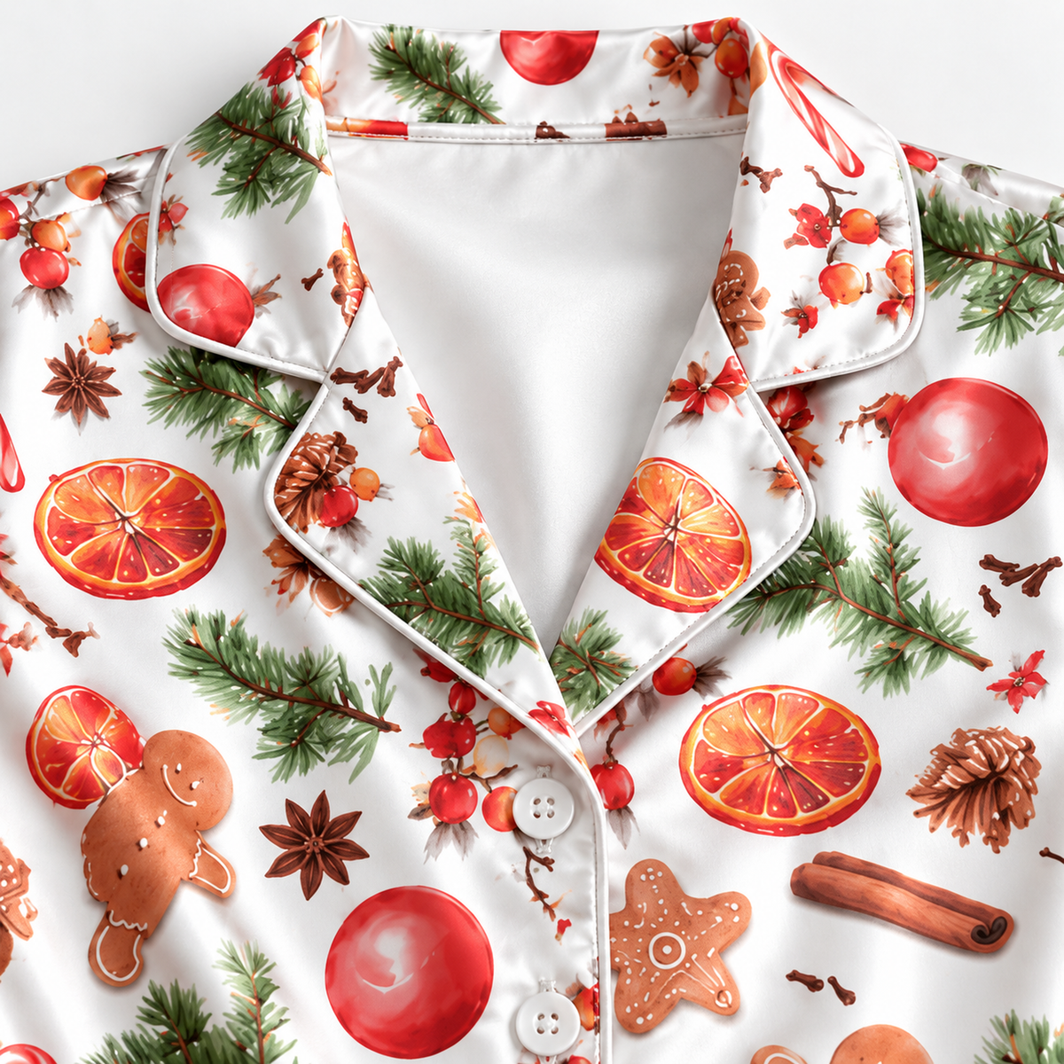 PJ-M2168-Gingerbread Christmas Satin Pajama Set, Orange Slice Candy Cane Pinecone Festive Holiday Sleepwear