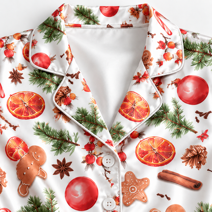 PJ-M2168-Gingerbread Christmas Satin Pajama Set, Orange Slice Candy Cane Pinecone Festive Holiday Sleepwear