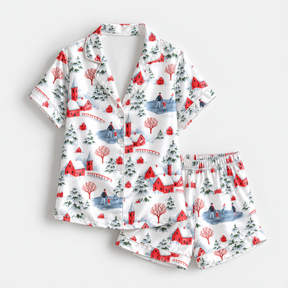 PJ-M2169-Winter Village Satin Pajama Set, Red Cabin Snowy Forest Ice Skating Christmas Sleepwear