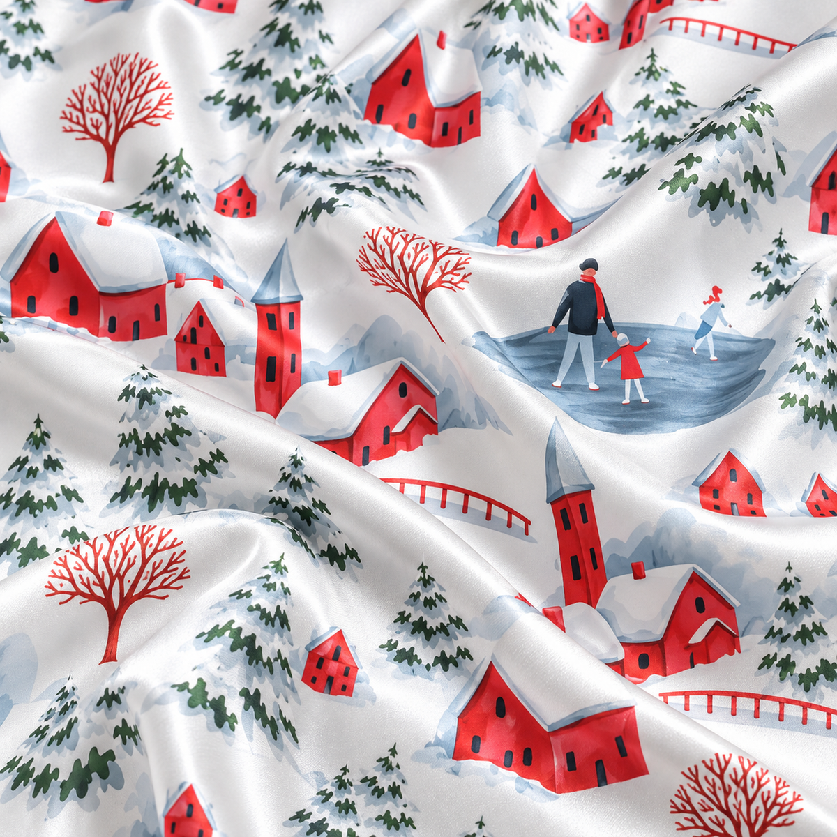 PJ-M2169-Winter Village Satin Pajama Set, Red Cabin Snowy Forest Ice Skating Christmas Sleepwear