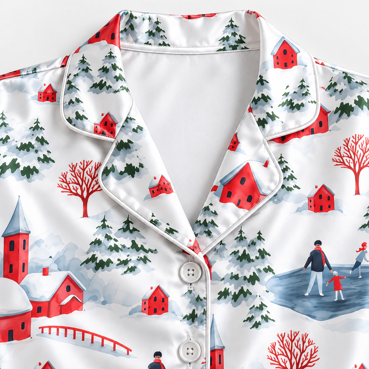 PJ-M2169-Winter Village Satin Pajama Set, Red Cabin Snowy Forest Ice Skating Christmas Sleepwear