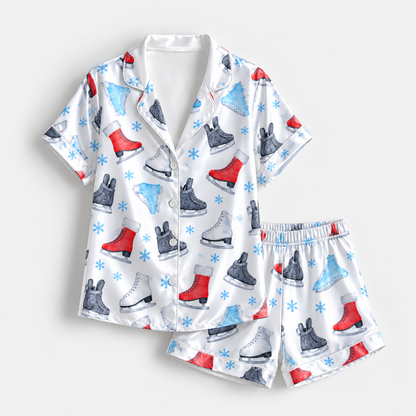 PJ-M2170-Ice Skating Satin Pajama Set, Colorful Skates Snowflake Winter Sports Holiday Sleepwear