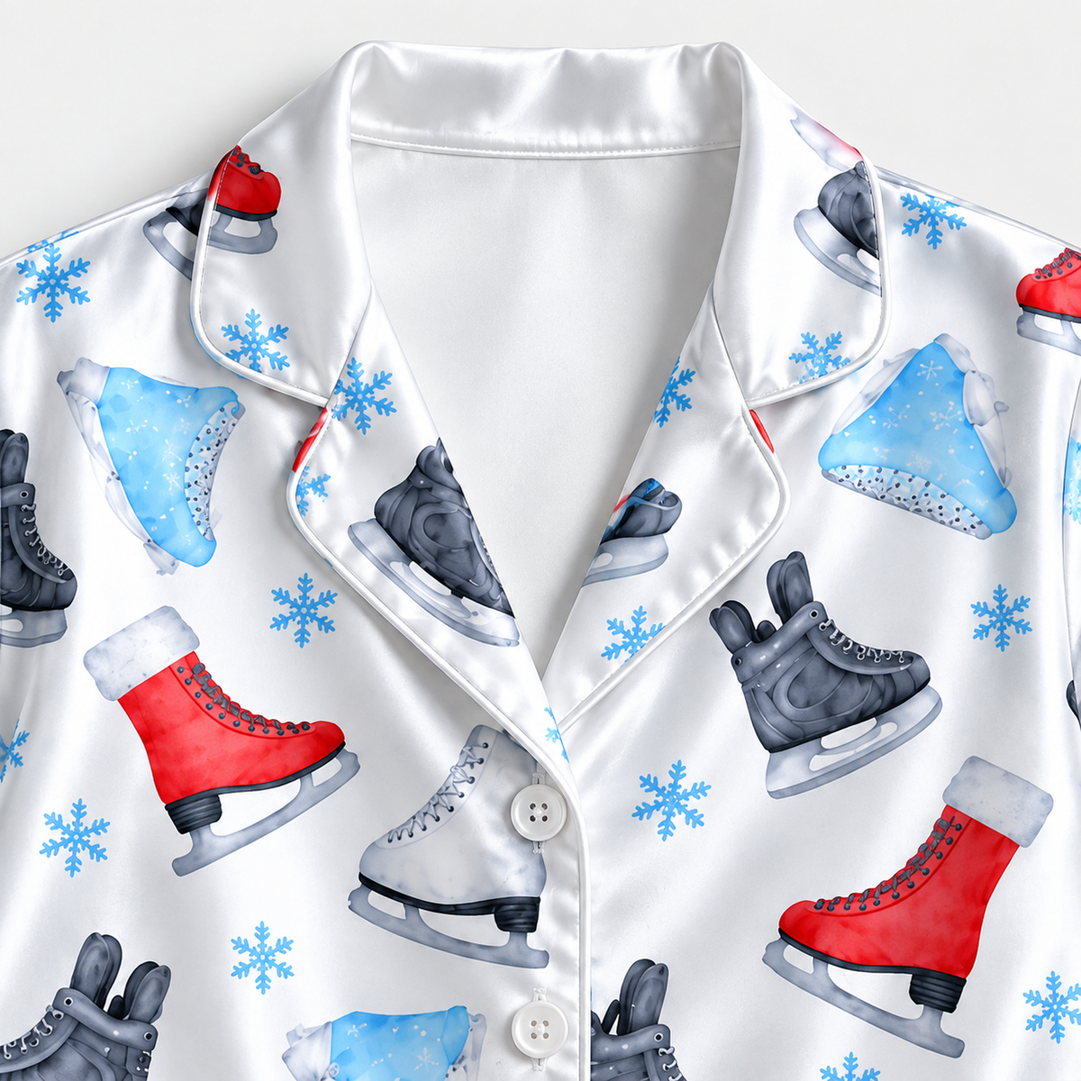 PJ-M2170-Ice Skating Satin Pajama Set, Colorful Skates Snowflake Winter Sports Holiday Sleepwear