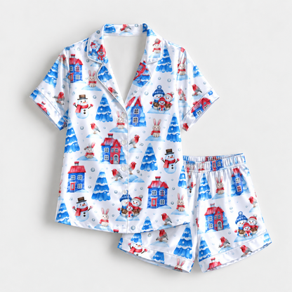 PJ-M2171-Snowman Winter Village Satin Pajama Set, Bunny Snowy Tree Cozy Christmas Holiday Sleepwear