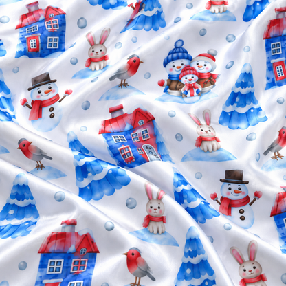 PJ-M2171-Snowman Winter Village Satin Pajama Set, Bunny Snowy Tree Cozy Christmas Holiday Sleepwear