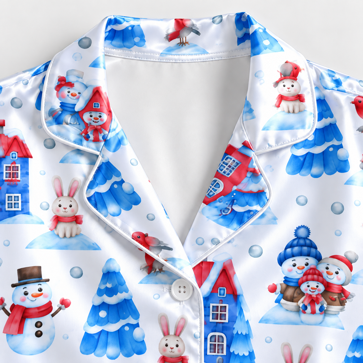 PJ-M2171-Snowman Winter Village Satin Pajama Set, Bunny Snowy Tree Cozy Christmas Holiday Sleepwear
