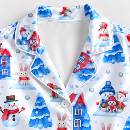 PJ-M2171-Snowman Winter Village Satin Pajama Set, Bunny Snowy Tree Cozy Christmas Holiday Sleepwear