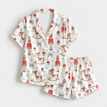 PJ-M2173-Nutcracker Rocking Horse Satin Pajama Set, Christmas Ornament Bow Snowflake Festive Holiday Sleepwear