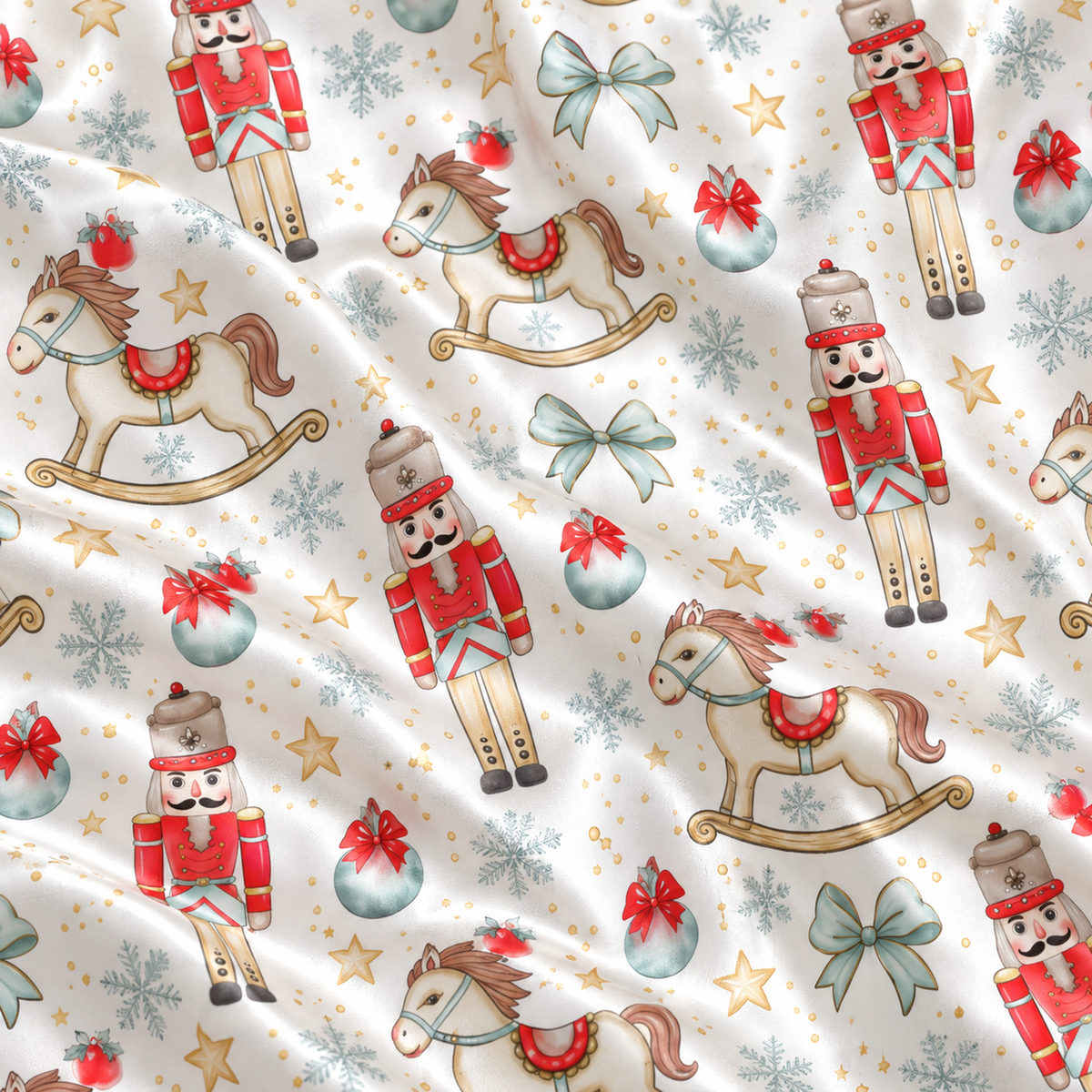 PJ-M2173-Nutcracker Rocking Horse Satin Pajama Set, Christmas Ornament Bow Snowflake Festive Holiday Sleepwear