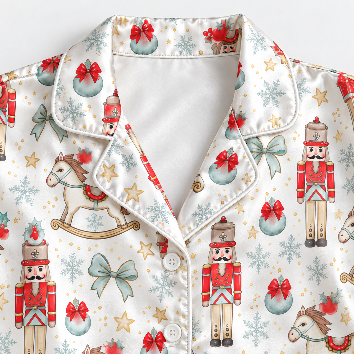 PJ-M2173-Nutcracker Rocking Horse Satin Pajama Set, Christmas Ornament Bow Snowflake Festive Holiday Sleepwear