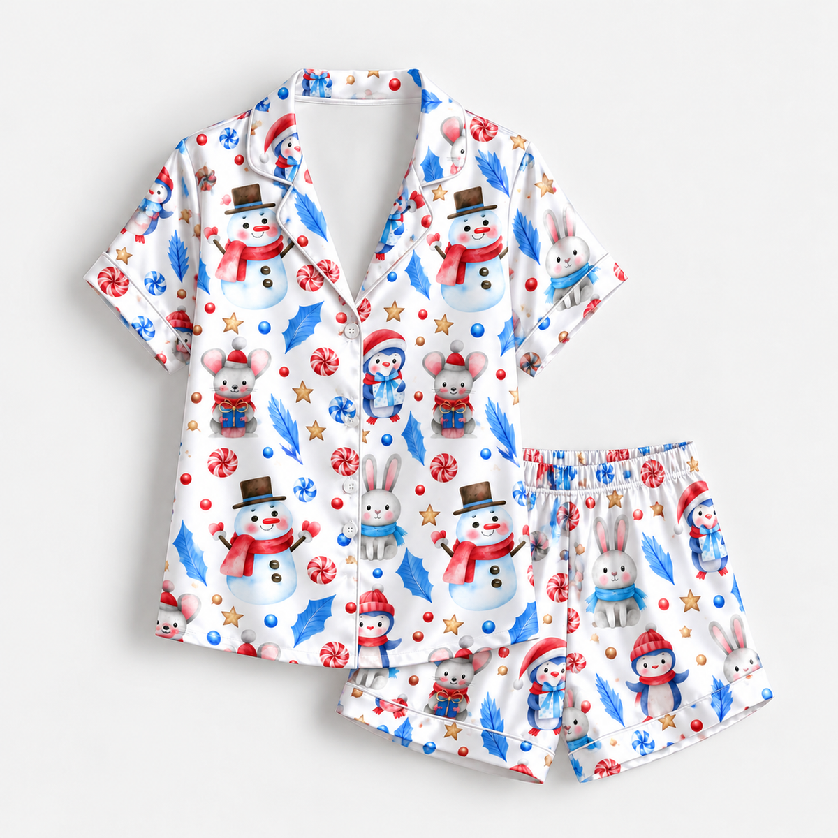 PJ-M2174-Snowman Bunny Christmas Satin Pajama Set, Penguin Candy Cane Winter Festive Holiday Sleepwear