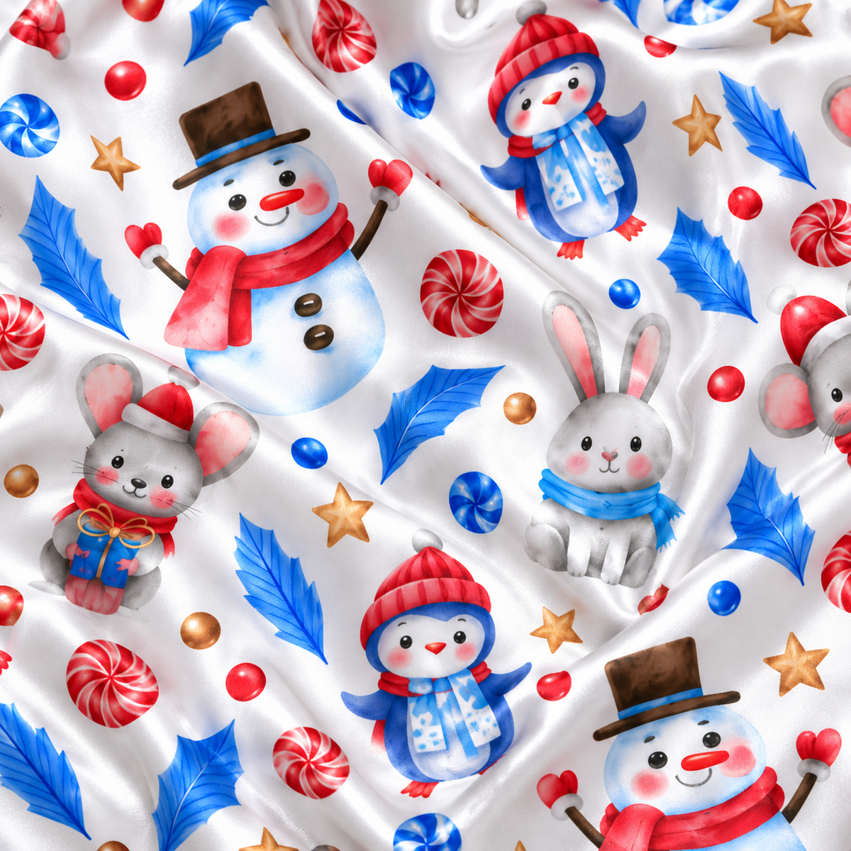 PJ-M2174-Snowman Bunny Christmas Satin Pajama Set, Penguin Candy Cane Winter Festive Holiday Sleepwear