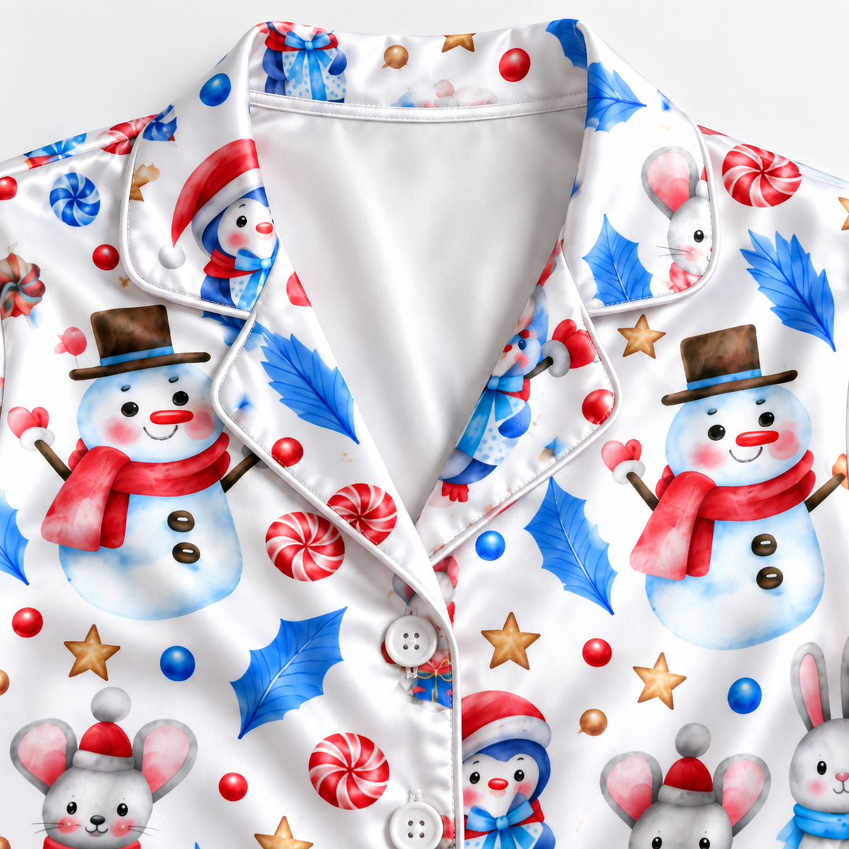 PJ-M2174-Snowman Bunny Christmas Satin Pajama Set, Penguin Candy Cane Winter Festive Holiday Sleepwear