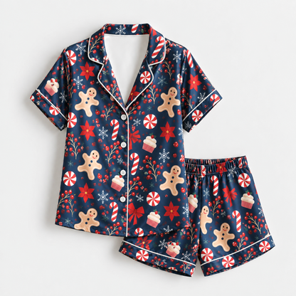 PJ-M2175-Gingerbread Christmas Satin Pajama Set, Candy Cane Peppermint Bow Festive Holiday Sleepwear