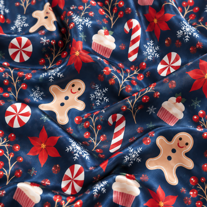 PJ-M2175-Gingerbread Christmas Satin Pajama Set, Candy Cane Peppermint Bow Festive Holiday Sleepwear