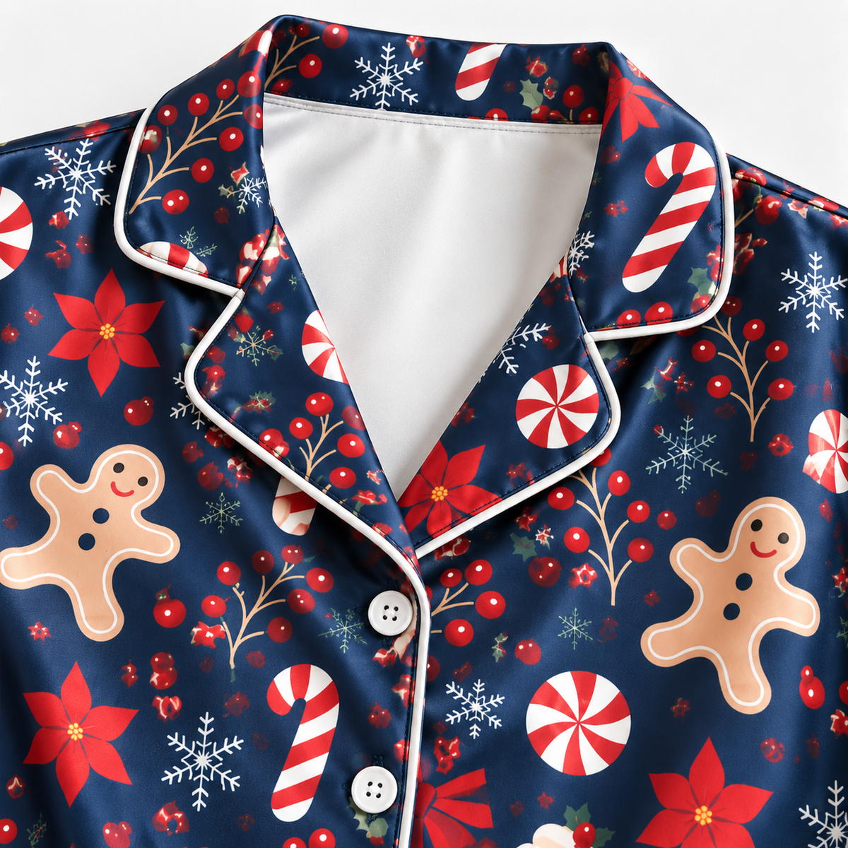 PJ-M2175-Gingerbread Christmas Satin Pajama Set, Candy Cane Peppermint Bow Festive Holiday Sleepwear