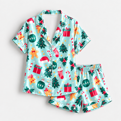 PJ-M2176-Mint Christmas Wonderland Satin Pajama Set, Festive Holiday Ornaments and Gingerbread Sleepwear