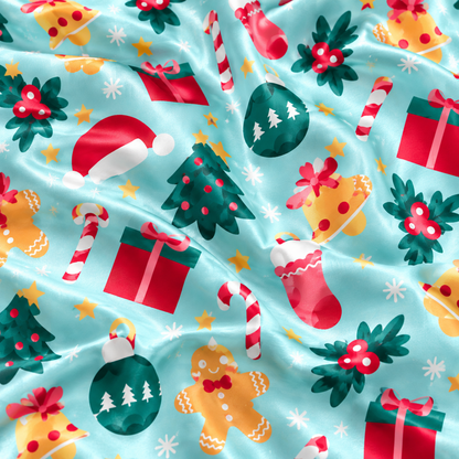 PJ-M2176-Mint Christmas Wonderland Satin Pajama Set, Festive Holiday Ornaments and Gingerbread Sleepwear