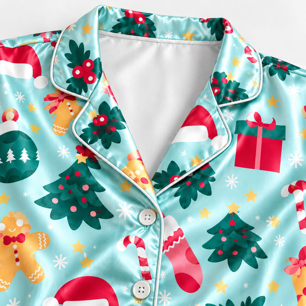 PJ-M2176-Mint Christmas Wonderland Satin Pajama Set, Festive Holiday Ornaments and Gingerbread Sleepwear